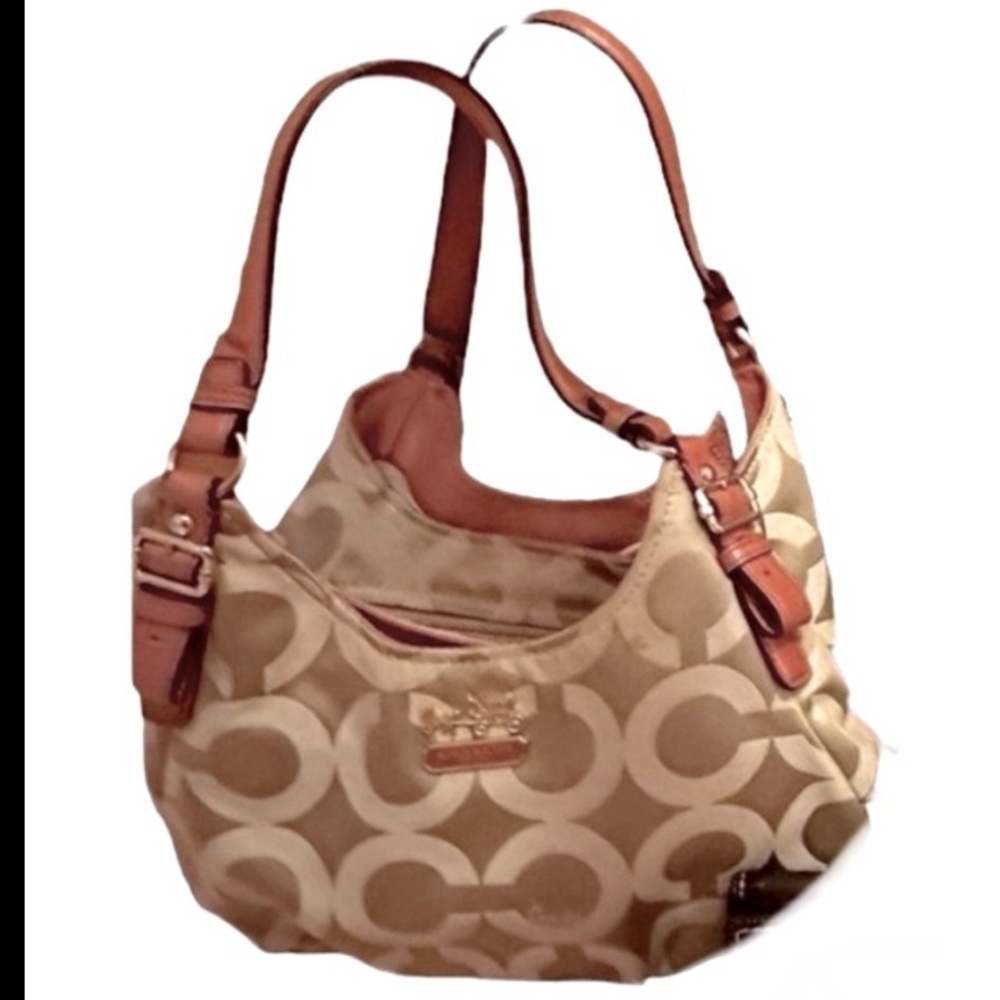 Coach Canvas & Leather Tan Signature Logo Shoulder Bag. GUC “Peach” Straps, VNTG